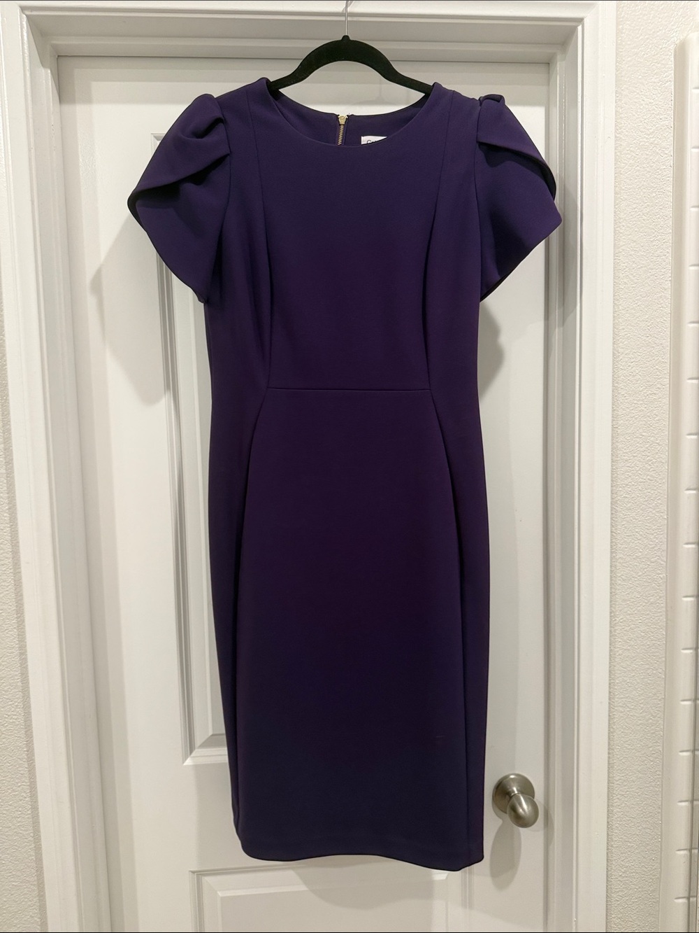Calvin Klein Deep Purple Midi Dress with Puff Sleeves